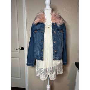 Cisono denim jacket with removable pink fur collar - large